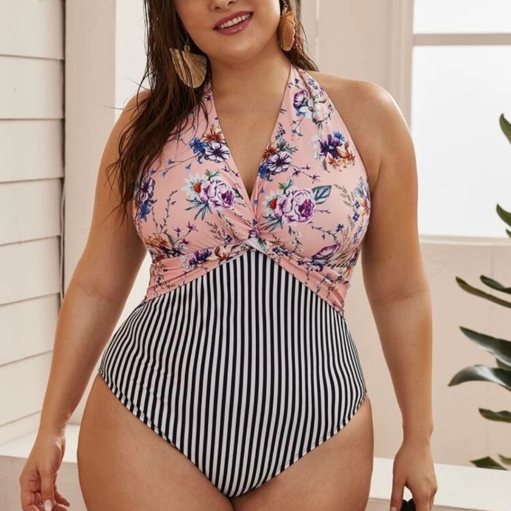 Floral plunge one piece swimsuit